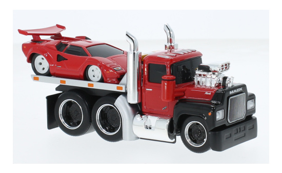 Maisto 11532-11552 Mack R685ST Flatbed, rot/schwarz, mit Lamborghini Countach, 1980 1:64