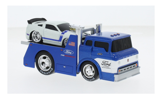 Maisto 11532-11549 Ford C600 Flatbed, blau/weiss, Ford Perfomance, mit 2013 Mustang 302, 1966 1:64