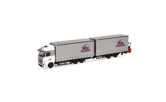 Herpa 319683 Mercedes-Benz Actros Jumbogardinenplanentandem-Hängerzug mit Stapler 