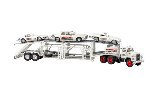 Brekina BRE90500 Set Dodge Autotransporter mit 3 PKW - Hurricane Helldrivers 1:87
