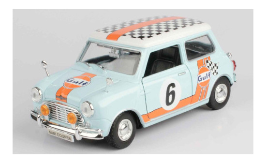 Motormax MOM79743 Mini Morris Cooper - hellblau , Dekor - Gulf - Vorbestellung 1:18